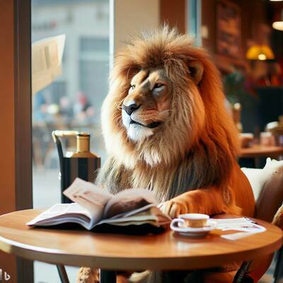 Ein Löwe liest Zeitung im Cafe, created by Bing AI