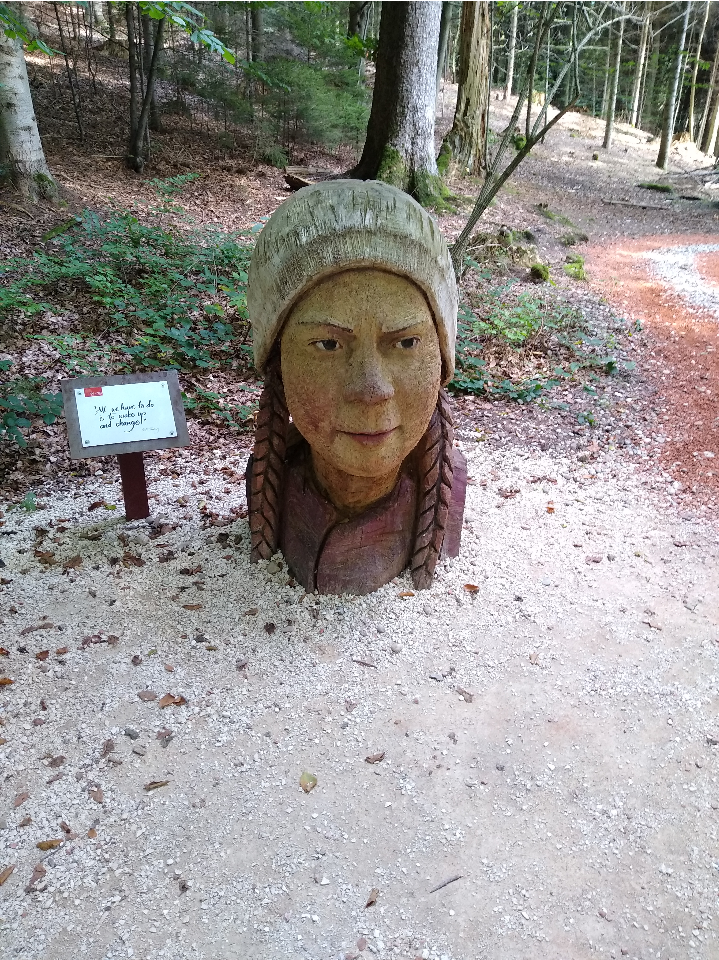 Es ist ein aus einem Baum geschnitzte Holzkopf von Greta Thunberg zu sehen.