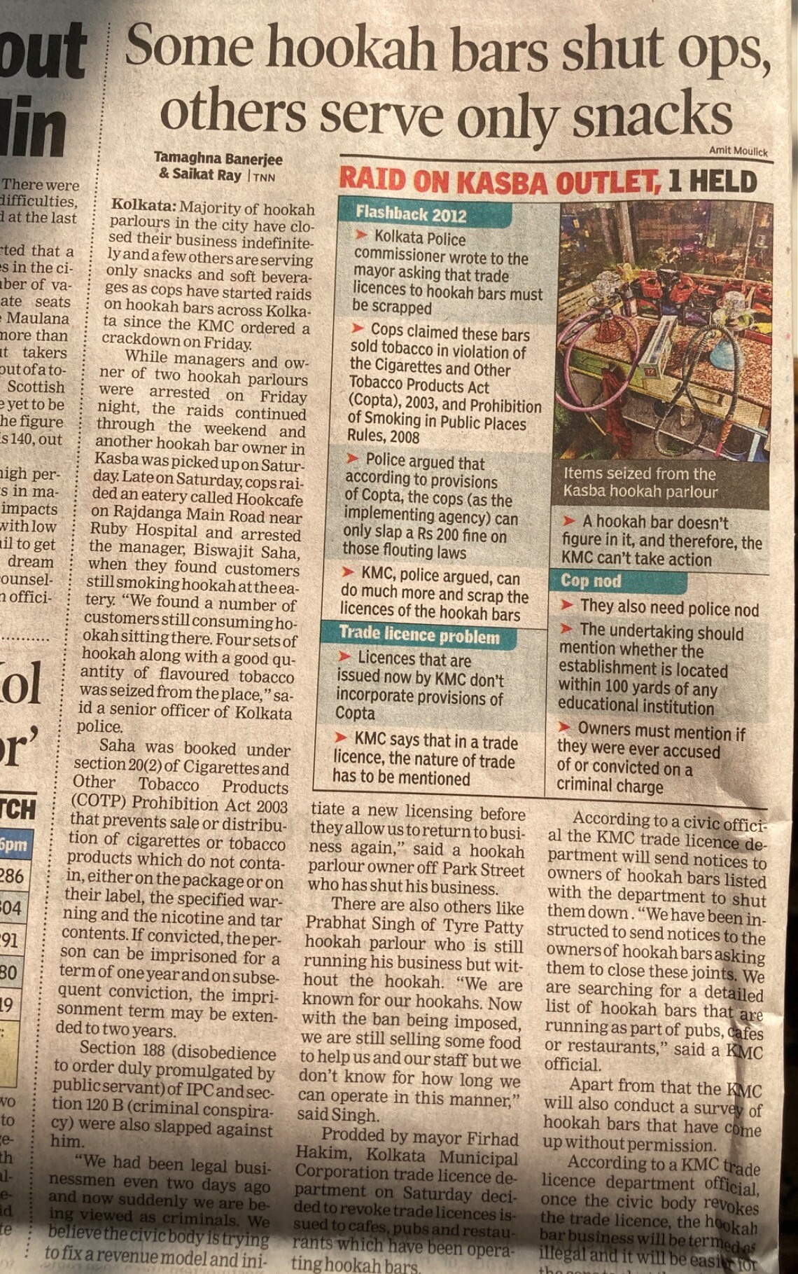 Newspaper article with headline: Some hookah bars shut ops, others serve only snacks
