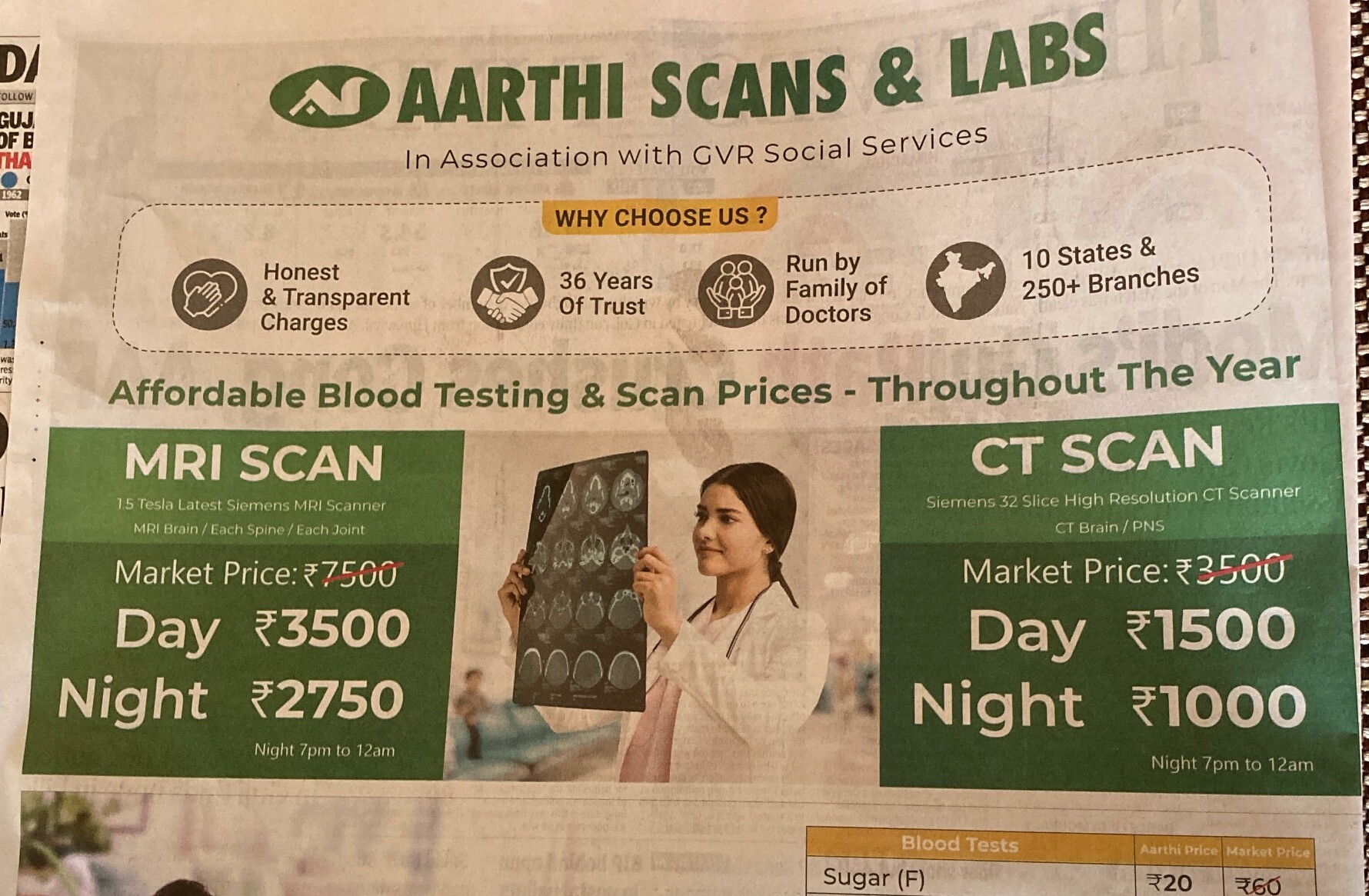 Prices for MRI and CT scans during the day and night at a Kolkata lab