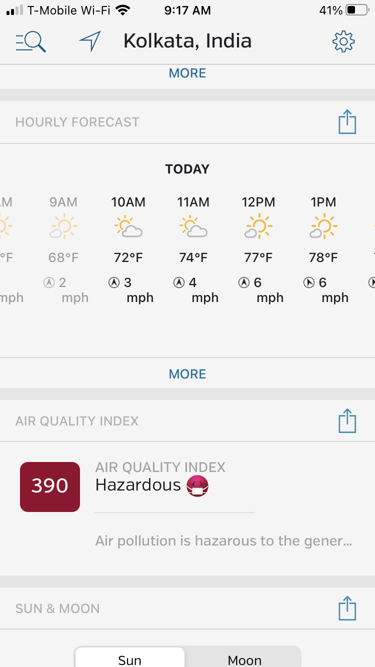 Screenshot of weather forecast for Kolkata with air quality rated Hazardous