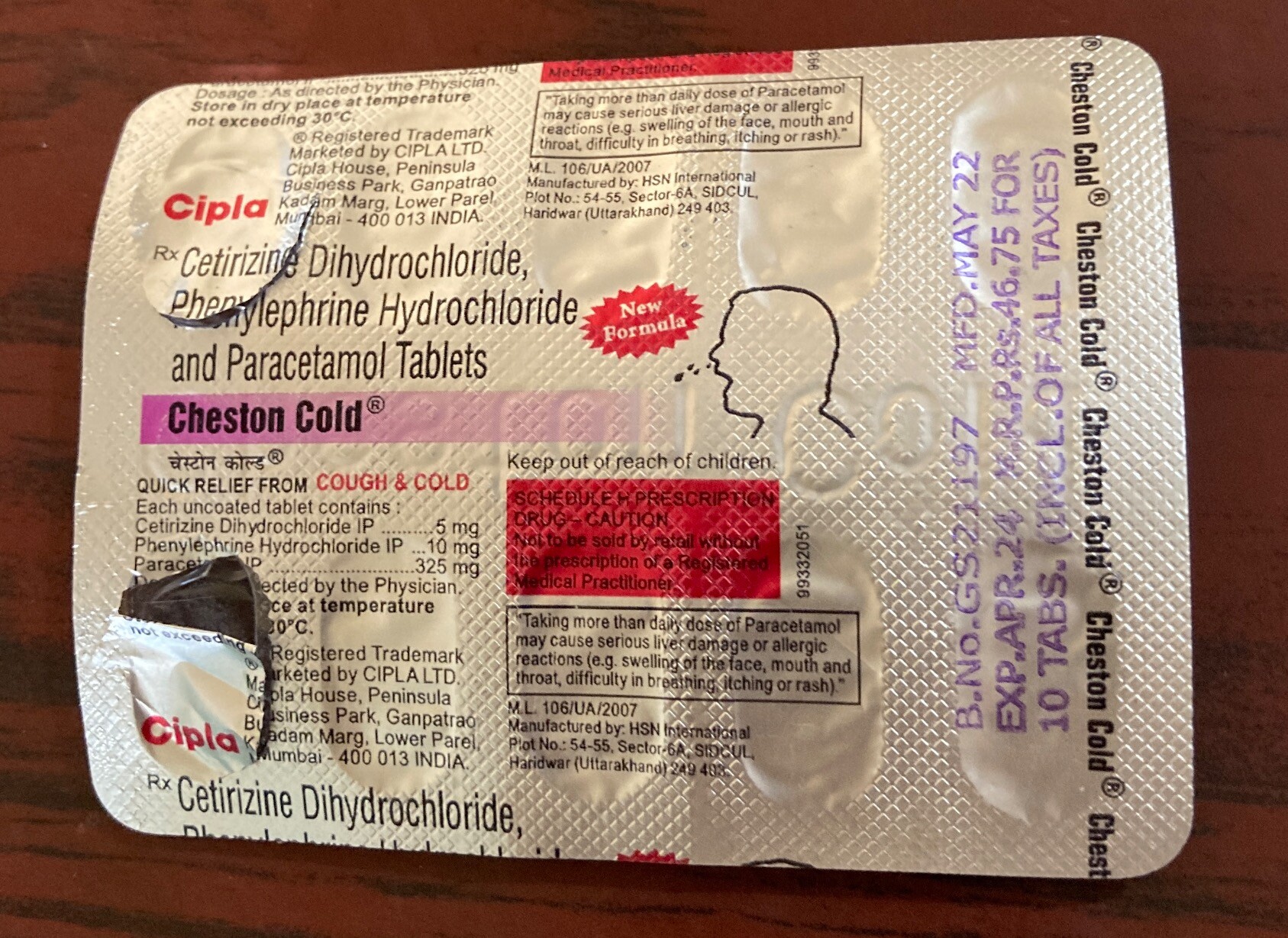 Foil side of a 10-tablet blister pack of the Cheston Cold brand from Cipla Ltd.