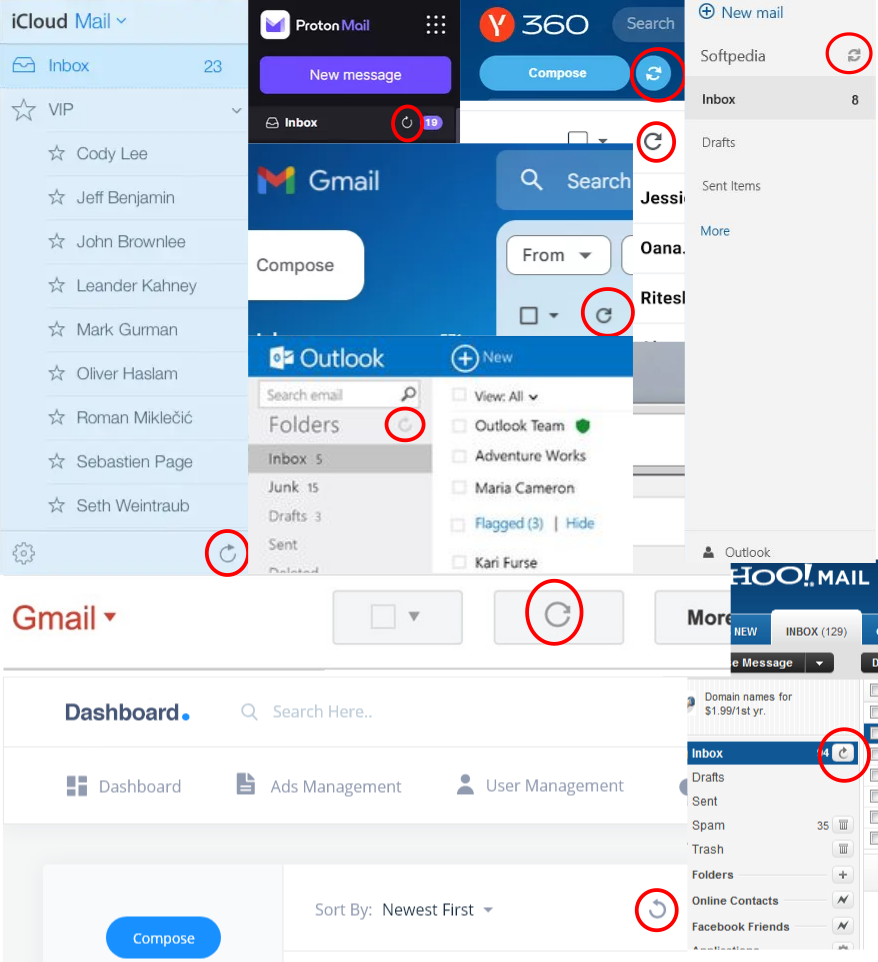 A screenshot montage of a wide variety of email clients. All use a similar icon for refreshing email, which is circled in red in each case. Includes screenshots from Gmail, YahooMail, Outlook, iCloud mail among others.