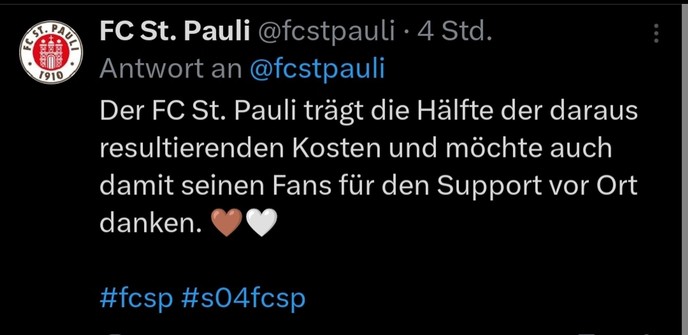 Tweet des FC St. Pauli mit folgendem Text:
Mehr als 5700 St. Pauli-Fans begleiten uns nach Gelsenkirchen. Der Gästeblock ist ausverkauft. Aufgrund der bekannten Streiksituation vor Ort ist mit einer erschwerten Anreise zu rechnen. Es wird einen organisierten Bustransfer vom Hauptbahnhof zum Stadion geben