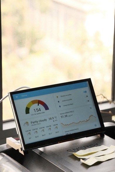 Picture of a home automation system with local air pollution data (150 AQI, PM 2.5 > 50, high) and temperature (39°C, very high). Behind the screen, you see a sunny yet blurry outside world. Melting away