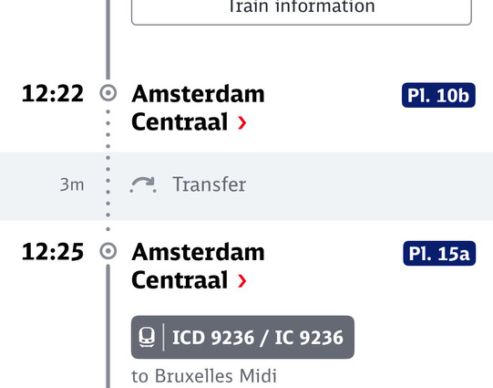 Screenshot from DB Navigator. A train arrives in Amsterdam Centraal 12:22 on platform 10b and after a three minute transfer, the connection leaves 12:25 from platform 15a.