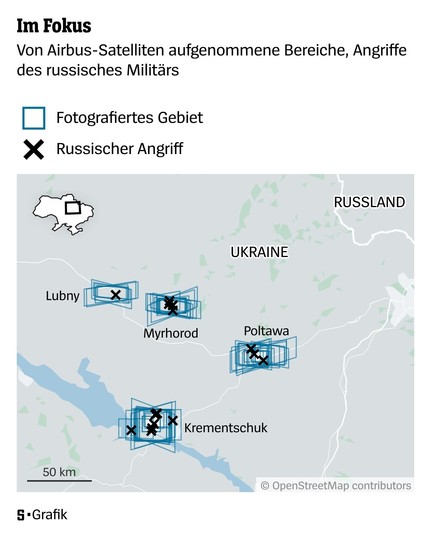 Map of northeastern Ukraine: Rectangles depict satellite photos from Airbus, and crosses mark russian air strikes. Clearly, there's a 100% overlap between Airbus photos and air strikes.