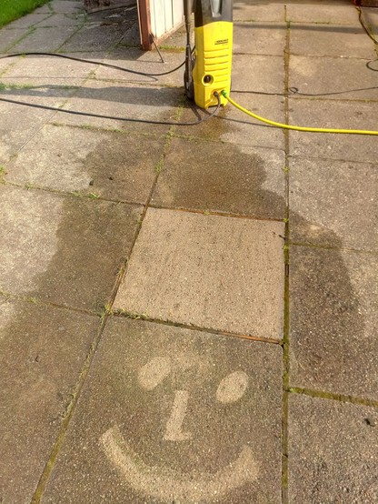 Yard in front of the garage. One concrete plate has been pressure washed and another has a smiley face washed into it. The culprit, a yellow pressure washer, is lurking near the deed, hoses and power still connected.