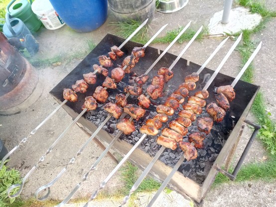 Old shashlik grill with pork and sausages skewered on swords, grilling above some embers in the garden.