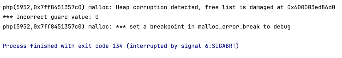 screenshot of an “Heap corruption detected” error message while running PHP