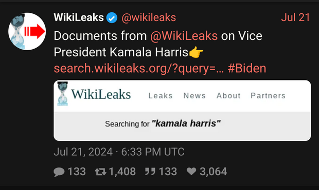 Screenshot of a Tweet of the Wikileaks Account on X.

Text: 