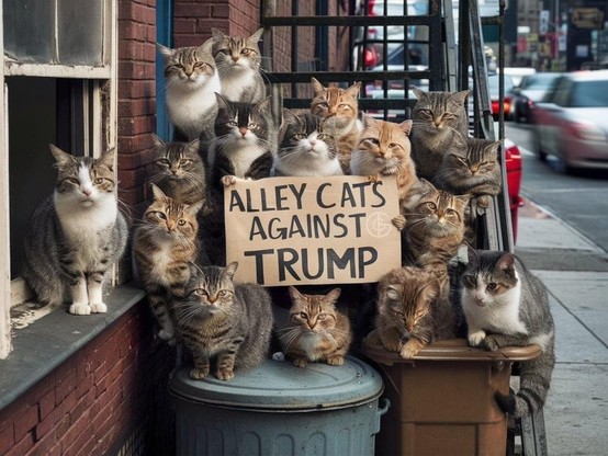 Group of cats gathered on a city street near a staircase, holding a sign that reads 