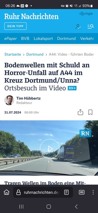 Screenshot eines Ruhrnachrichten Artikels : Bodenwellen mit Schuld an Horror-Unfall auf A44 im Kreuz Dortmund/Unna?: Ortsbesuch im Video