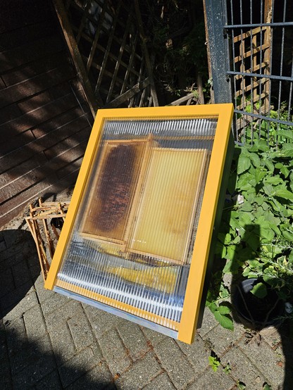 A solar powered beeswax smelter with some combings 