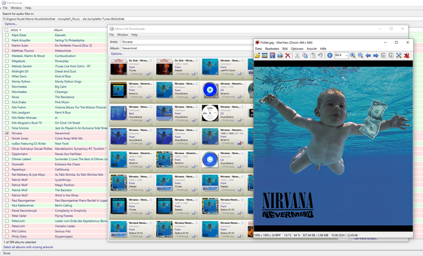 Ein Screenshot des Programms Album Art Download, mit dem sich für ein Verzeichnis aus MP3-Alben die dazugehörigen Cover herunterladen lassen. Darüber schwebt das berühmte Cover von Nirvanas 