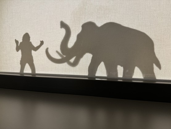 Shadow silhouettes of a person and a mammoth against a light background.