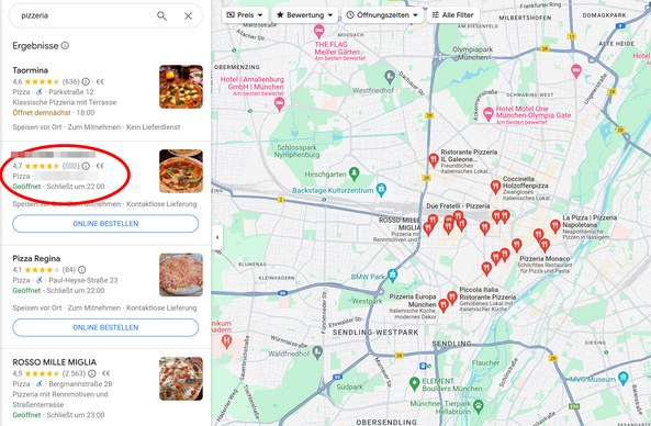 Screenshot von Google Maps. Eine in den Ergebnissen angezeigte Pizzeria ist markiert. Sie zeigt, dass Google sehr genau weiß, dass meine Suche im Browser von meinem Haushalt in direkter Nähe kommt. 