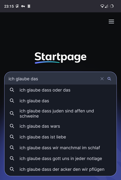 Internet-Suchmaschine Startpage mit begonnener Suche nach 