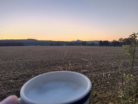 Eine frühe Morgendämmerung über einem abgeernteten Feld. In der Distanz sieht man Wald und Berg. Im Vordergrund eine große Tasse Cappuccino. Die Dämmerung färbt die Szene rötlich.