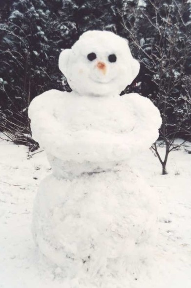 Ein Schneemann mit schwarzen Kulleraugen, einer roten Nase und einem freundlichen Lächeln. Er hat die Arme vorn ineinander verschränkt, als ob er seine Hände in die Ärmel gesteckt hat, weil es sooo kalt ist. Im Hintergrund ist eine dunkle Hecke mit etwas Schnee und laublose Sträucher zu erkennen.