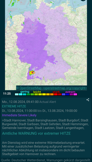 Wetterkarte Deutschland mit einer Warnung vor Hitze, lila dargestellt und bis auf wenige Gebiete im Nordosten fast das gesamte Land betrifft.

Darunter eine Warnung vor extremer Hitze als Text .