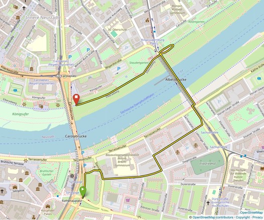 Kartenausschnitt des Routenplaners bikerouter.de, welcher die Umfahrung der gesperrten Carolabrücke in Dresden zeigt.