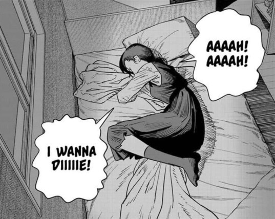 Manga graphic of a girl crying in her bed:

AAAAAH!
AAAAAH!
I WANNA DIIIIIE!

(Supposedly of shame)