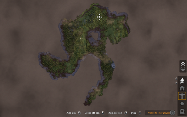 A map of my current valheim island: Mostly Meadows and Dark Forest. Some Ice mountains can be seen on the south east.