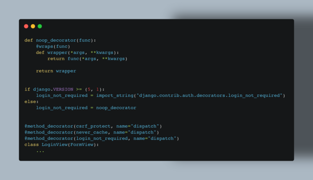 Screenshot of the source to dynamically apply the new login_not_required decorator from Django 5.1 in case the project is running 5.1 or applying a noop decorator, that simply does nothing.

def noop_decorator(func):
    @wraps(func)
    def wrapper(*args, **kwargs):
        return func(*args, **kwargs)

    return wrapper


if django.VERSION >= (5, 1):
    login_not_required = import_string(