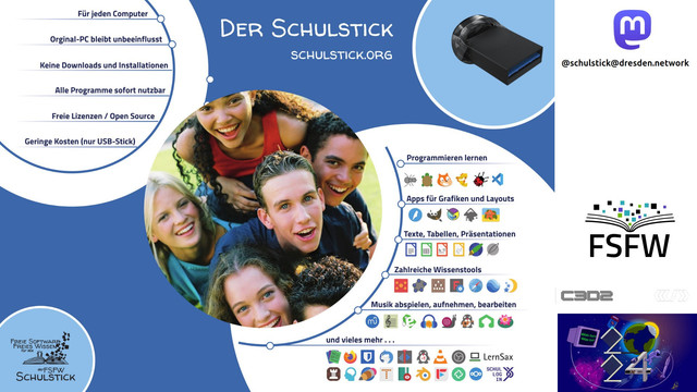 Bildercollage mit Überschrift: Der Schulstick. Außerdem Foto mit Gesichtern, eines Usb-Sticks und diversen Programmicons.