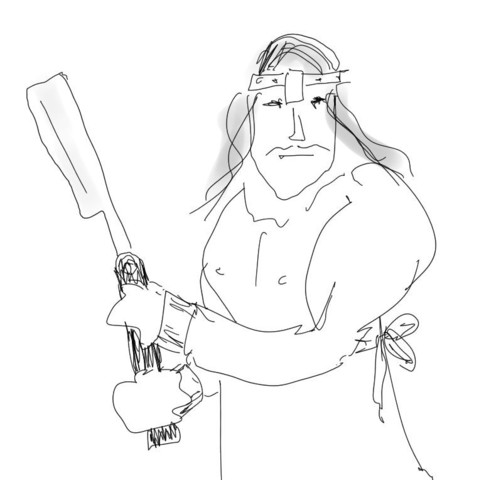 Conan with a french mustache and apron holding a shaving razor instead of a sword. My Uglytober images will not have detailed descriptions as the image should be what the viewers read out of it, not what I describe.