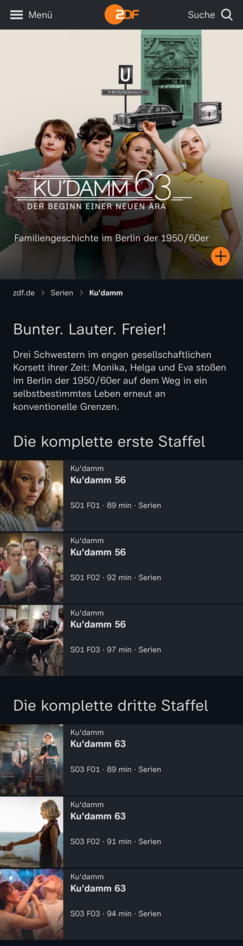 Screenshot der ZDF Mediathek, in dem die 1. und 3. Staffel der Serie Ku'damm zu sehen sind. Die 2. Staffel fehlt.