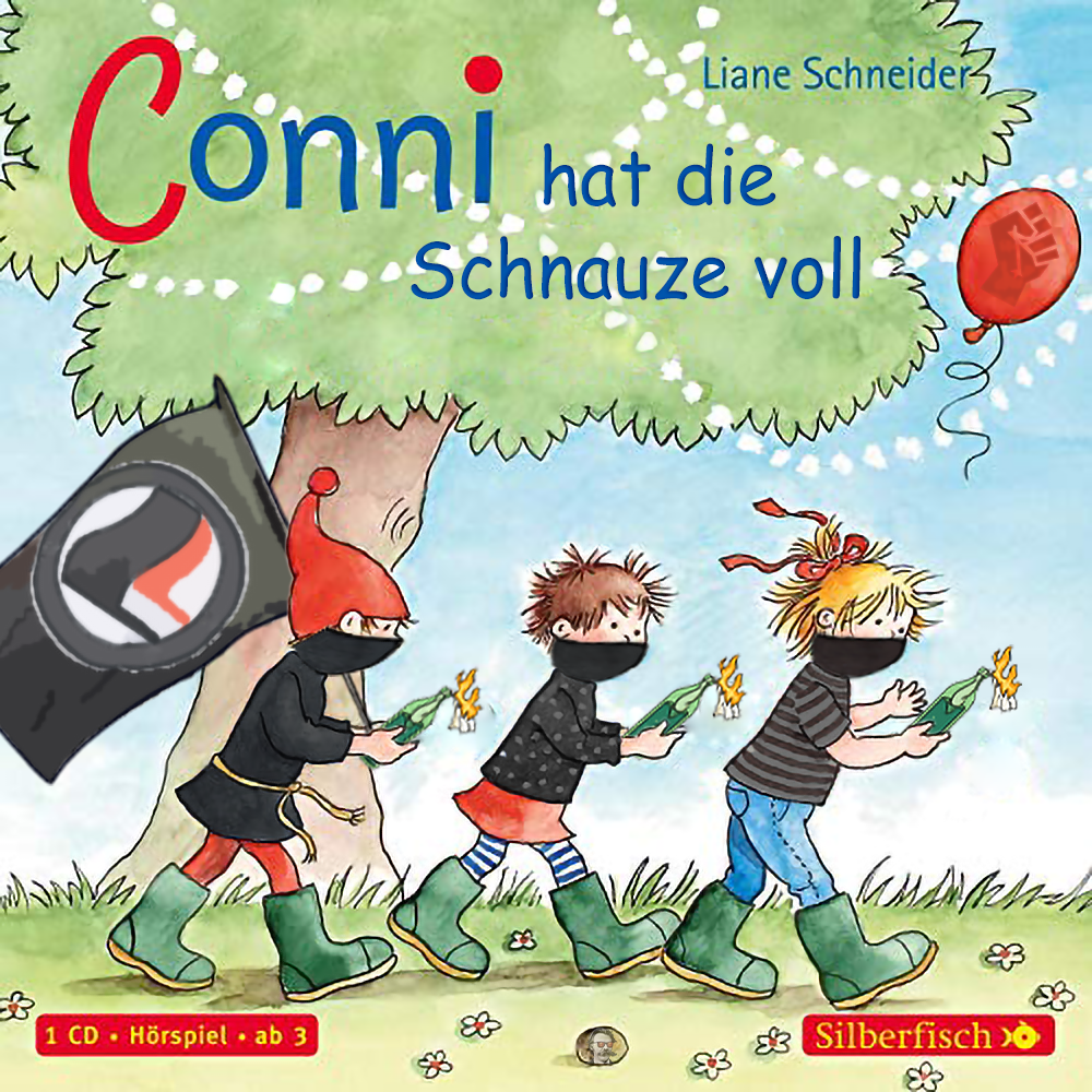 Auf dem Bild sind drei Kinder in einem Park zu sehen. Im Hintergrund steht ein Baum, der mit Lichtern und einem roten Luftballon mit dem Symbol einer geballten Faust geschmückt ist. Eine schwarze Fahne mit Antifa Symbol wird von einem der Kinder getragen. Im Vordergrund stehen die Kinder in einer Reihe, wobei jedes von ihnen brennende Molotow-Cocktails in der Hand hält. Die Aufmachung gleicht den "Meine Freundin Conni"-Kinderbüchern und hat den Titel "Conni hat die Schnauze voll"