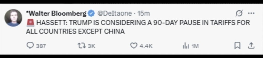 Copy of now deleted tweet by Walter BLOOMBERG. Afterward, the market rose by A LOT, and then, after missing confirmation, it dropped again, by A L.O.T. Losers on the line 