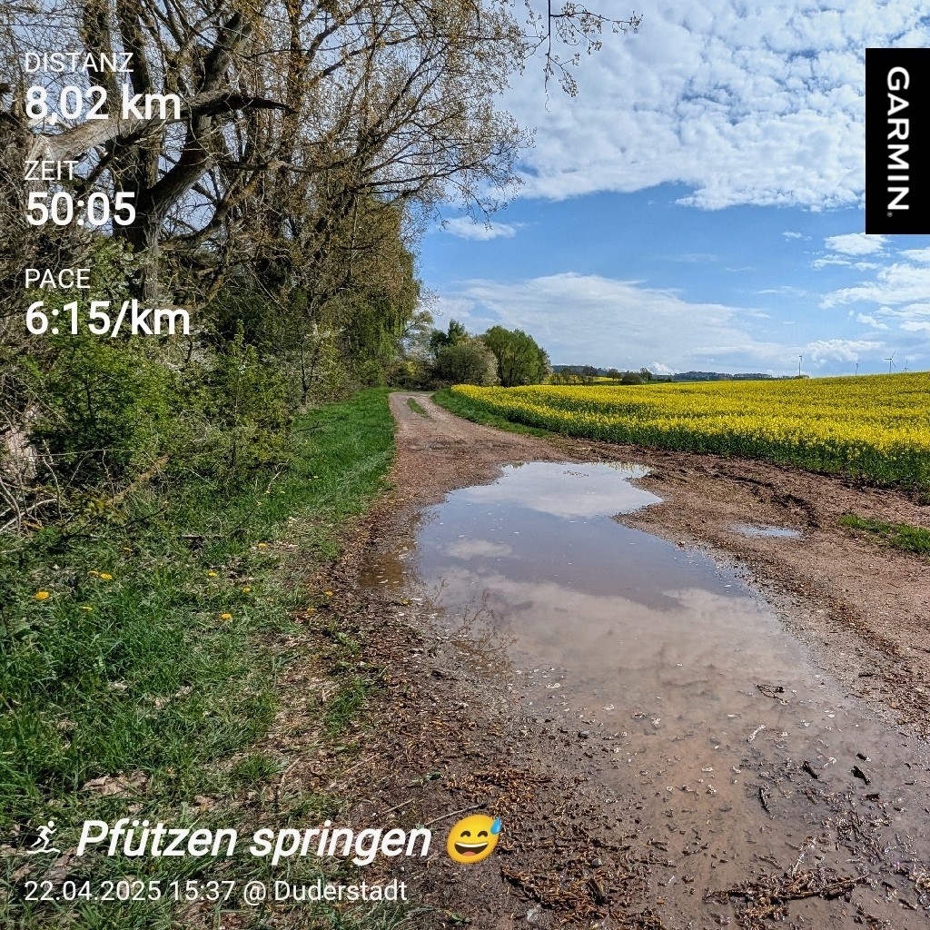 Große Pfütze auf einem Feldweg. Laufrunde 8 km