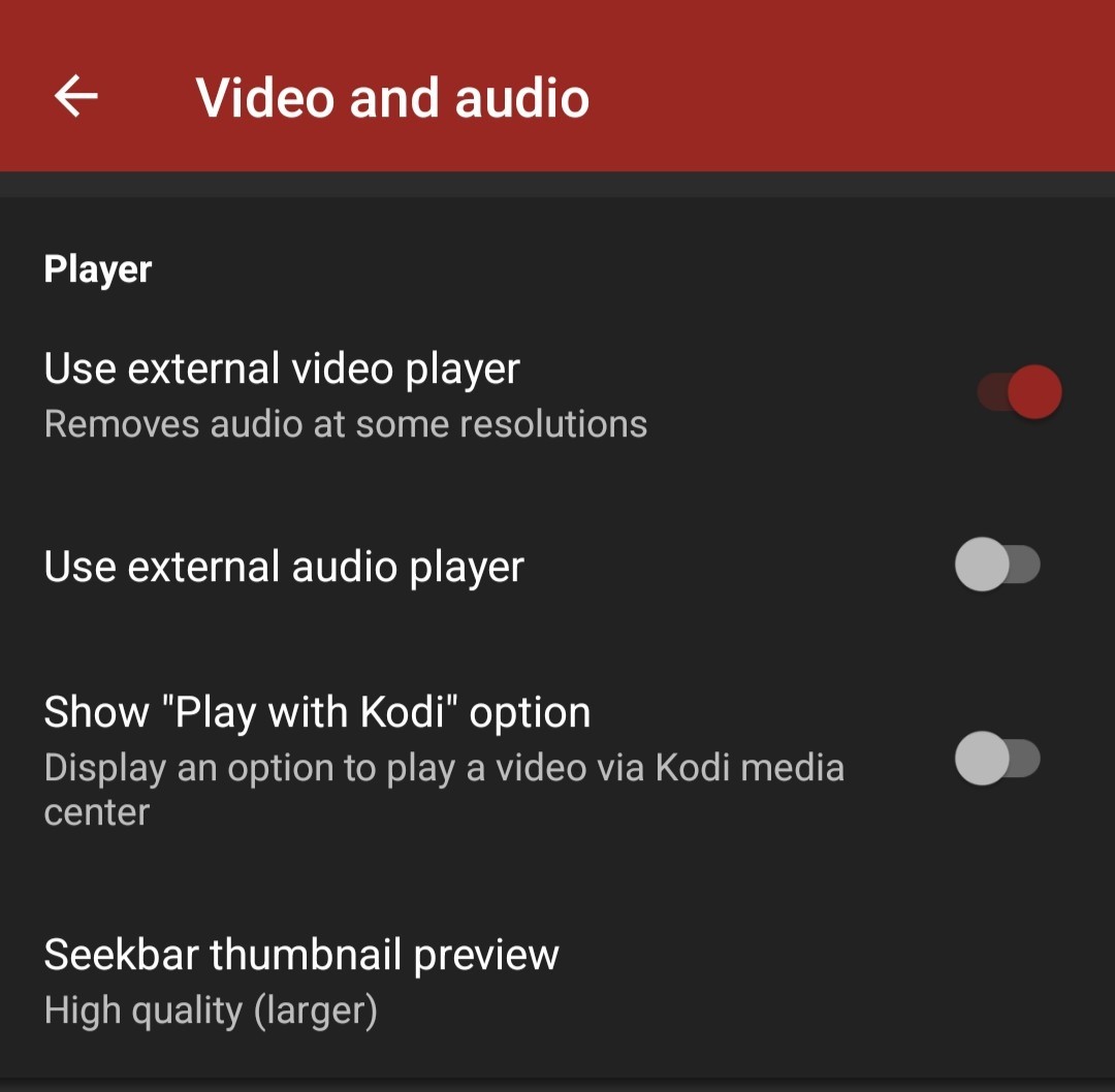 Screenshot of a part of the settings "Video and audio" of the Android app tubular. The option "use external video player" is enabled.