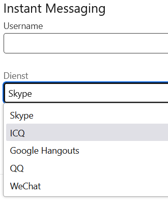 Eine Dropdownbox auf LinkedIN, in welcher man ICQ auswählen kann.