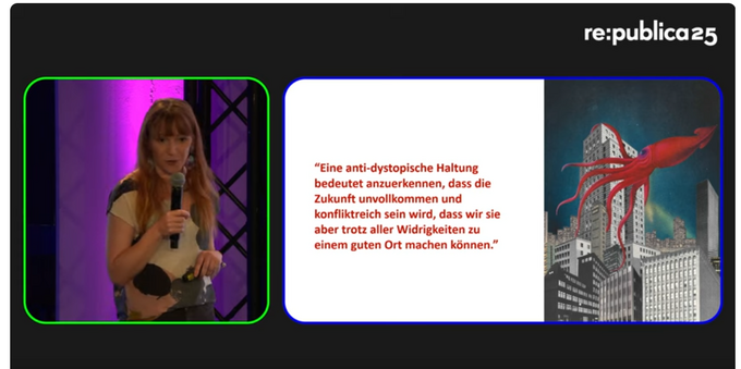 Screenshot von youtube mit dem Zitat als Einblendung in der Mitte:

“Eine anti-dystopische Haltung bedeutet anzuerkennen, dass die Zukunft unvollkommen und konfliktreich sein wird, dass wir sie aber trotz aller Widrigkeiten zu einem guten Ort machen können.”

Links daneben Isabell Hermann mit einem Mikrofon in der Hand. Rechts: Das Cover ihres Buches (Illustration: ein großer roter Tintenfisch interagiert mit einem Hochhaus, ringsrum stehen weitere Häuser)