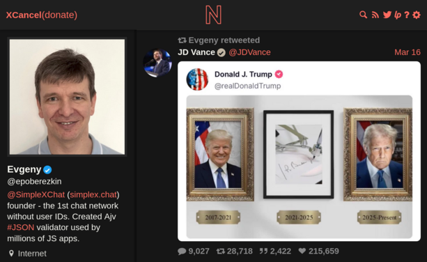 On 16 March, Evgeny Poberezkin retweeted JD Vance's screenshot of Donald Trump's Truth Social post with a picture showing three presidential photos:

2017 – 2021: happy Trump
2021 – 2025: a robot pen faking Biden's signature
2025 – present: mad Trump