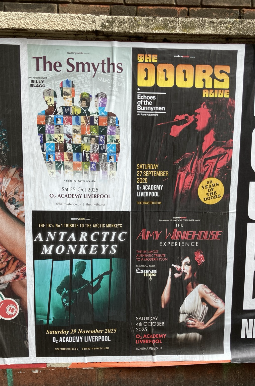 Rectangle composed of posters for imitators of Thé Smiths, Arctic Monkeys, Thé Doors, Amy Winehouse