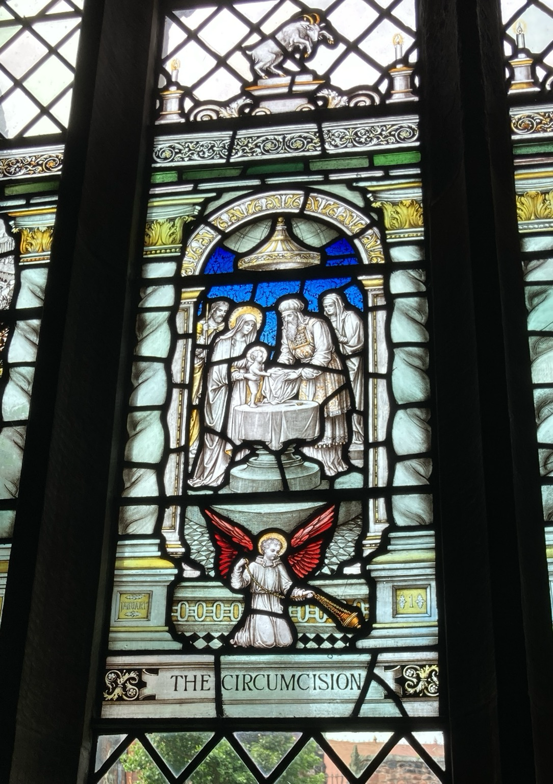 Baby Jesus standing on a table surrounded by people apparently ready to go the deed, in front of the table an angel swings a censer