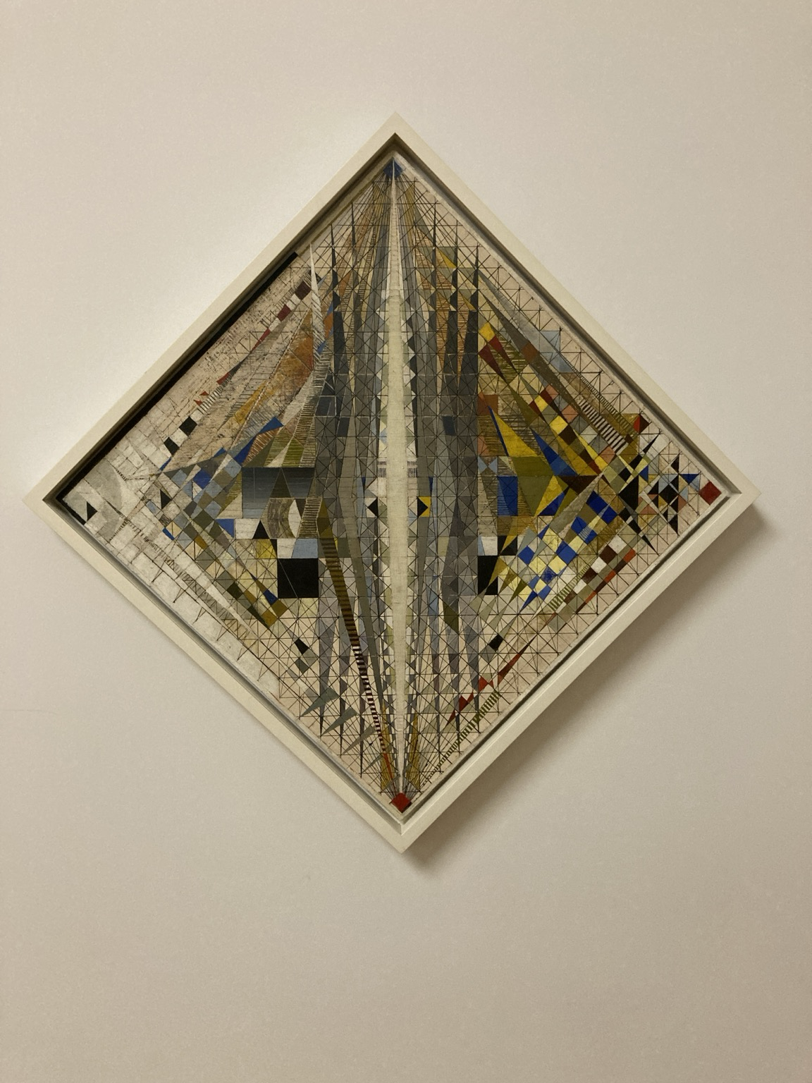 Square painting oriented so one corner is at the bottom: intricately geometric with jewel-like colors