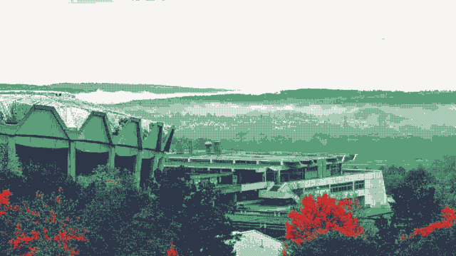 Dithered image (80s web style) of the Ruhr Valley campus with the forests in the back. Reduced colours, mostly green, white, black, sprinkles of rusty red. Aiming for a low-carbon conference of sorts 