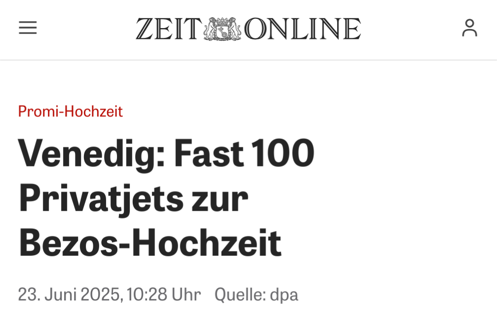 Screenshot von zeit.de: "Venedig: Fast 100 Privatjets zur Bezos-Hochzeit"