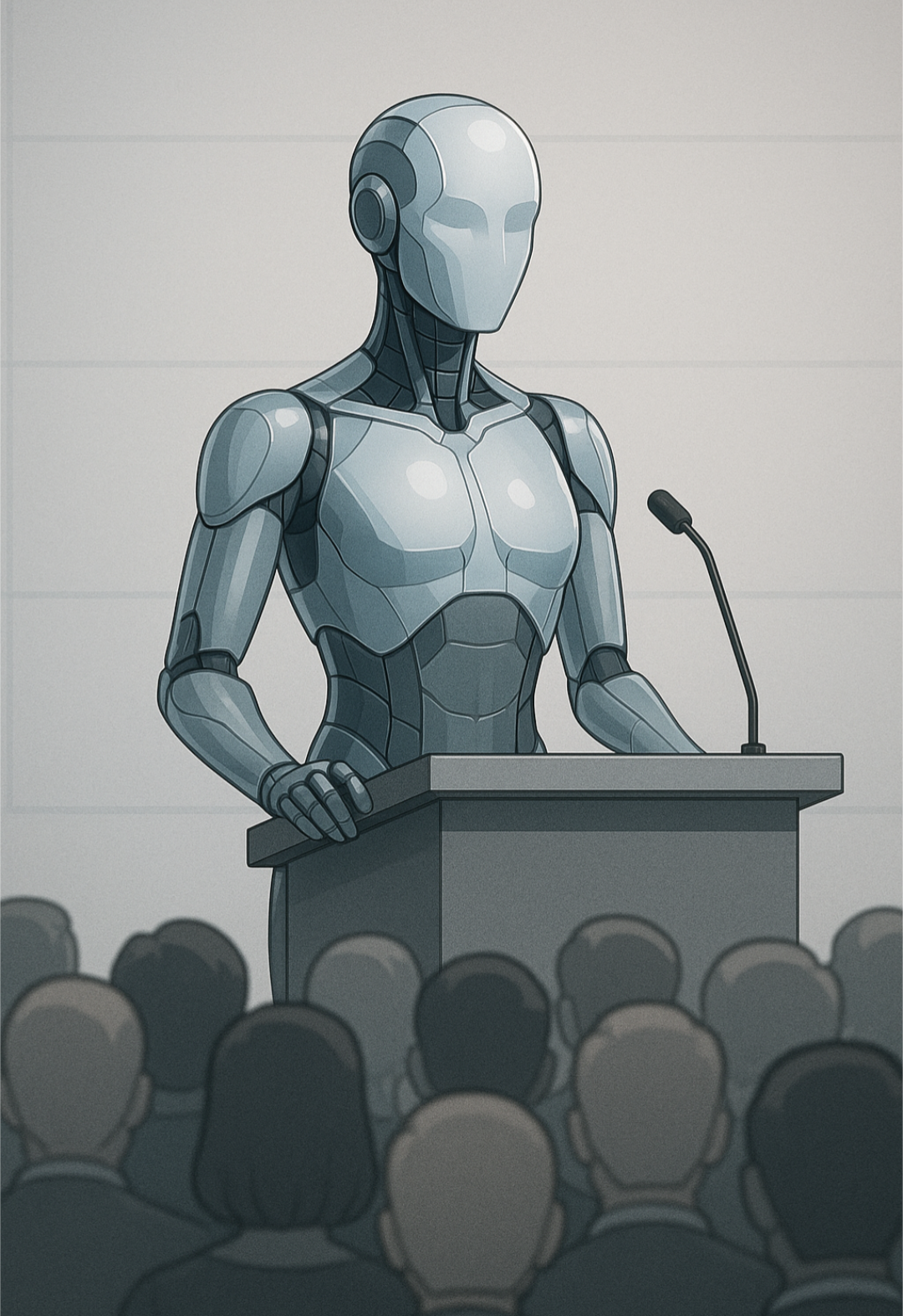 Eine KI in humanoider Form steht an einem Rednerpult vor einer generischen Gruppe Menschen
