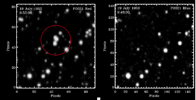 Two photos of the night sky, the first from 19 July 1952 at 8:52 and the second one from roughly an hour later. Both photos show the exact same frame with the same stars, but in the first photo, there is a cluster of three additional star-like objects in the middle that are not present in the second photo.
