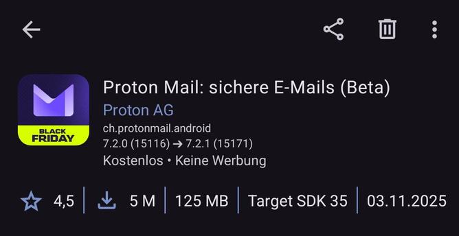 The icon of the Proton Mail app in the Google Play Store has a bright neon-yellow banner reading “Black Friday” now.