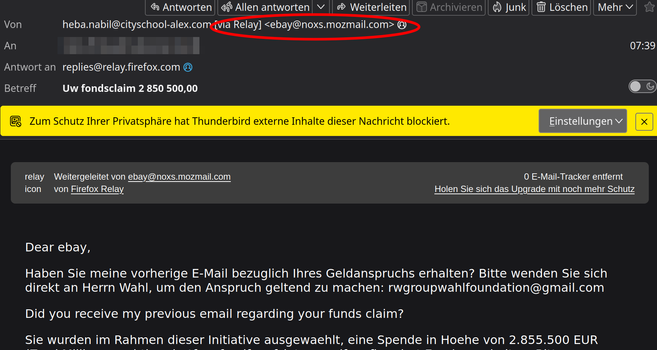Screenshot ein Spam-Mail mit dem Titel "Uw fondsclaim 2 850 500,00", die an die Weiterleitungs-Adresse ebay@noxs.mozmail.com gesendet wurde, die in meinem Beitrag genannt wurde. 
