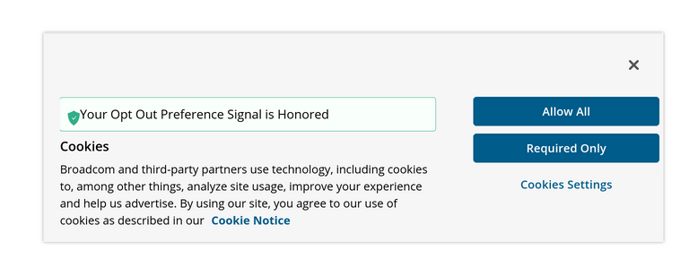 Popup on the Spring documentation website: “Your opt-out preference signal is honoured. Broadcom and third-party partners use technology, including cookies to, among other things, analyse site usage, improve your experience and help us advertise. By using our site, you agree to our use of cookies as described in our cookie notice. Allow all, required only, cookies settings.”