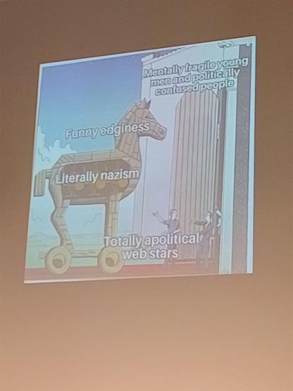 Meme: Trojanisches Pferd.

Beschriftung außen: Funny edginess

Beschriftung innen: Literally nazism